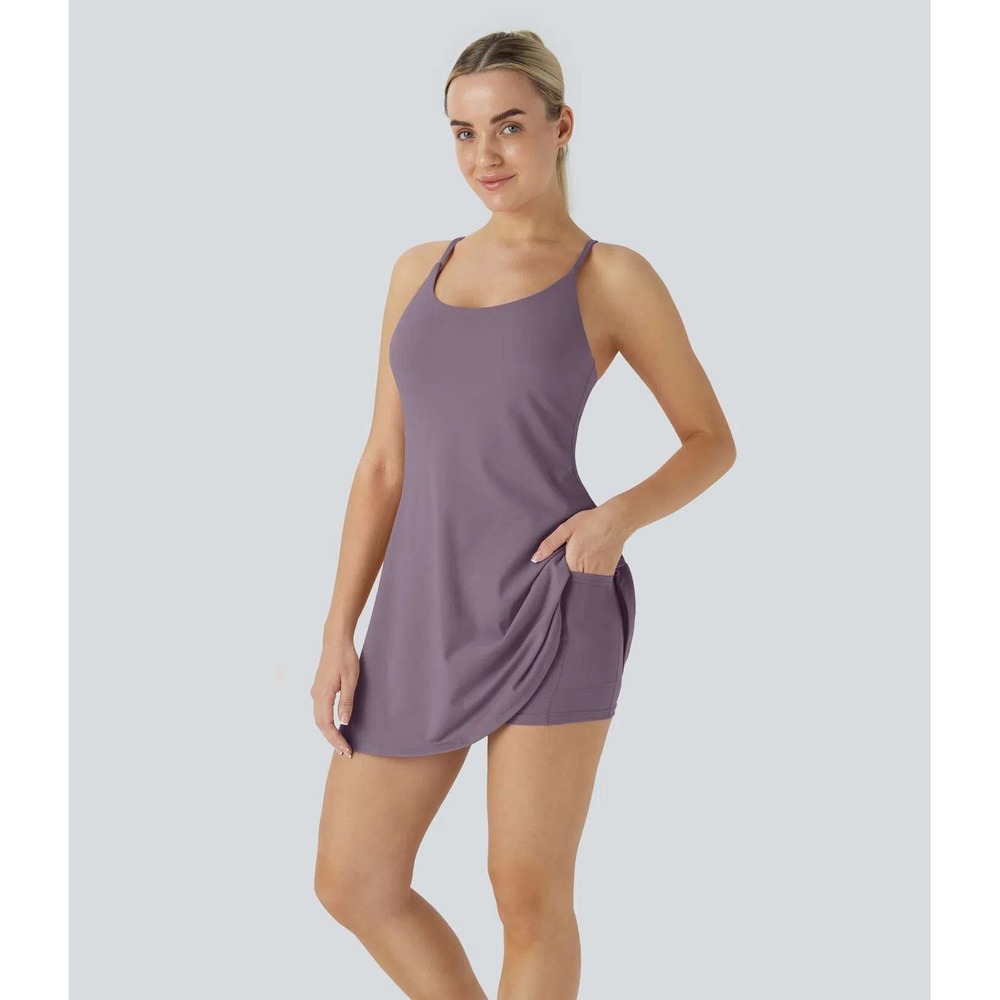 Halara Casual Dress Built-In Bra Shorts Hidden Pockets Crisscross Back Size XS‎